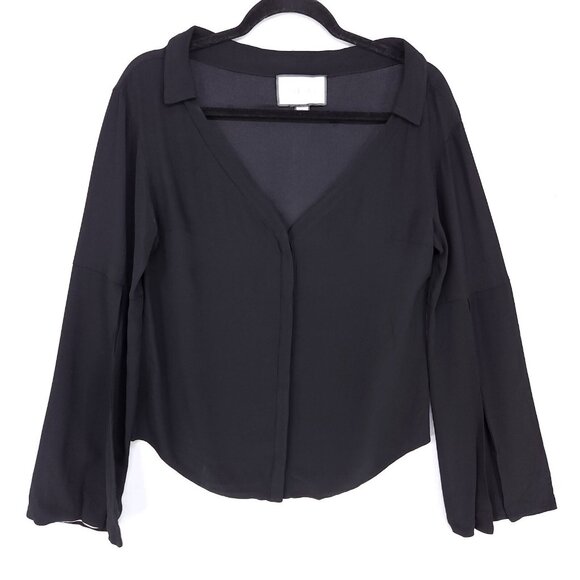 Alexis Blouse Size XS Boxy Fit Black Button Up Bell Slit Sleeve Top Vneck Collar - Picture 11 of 13